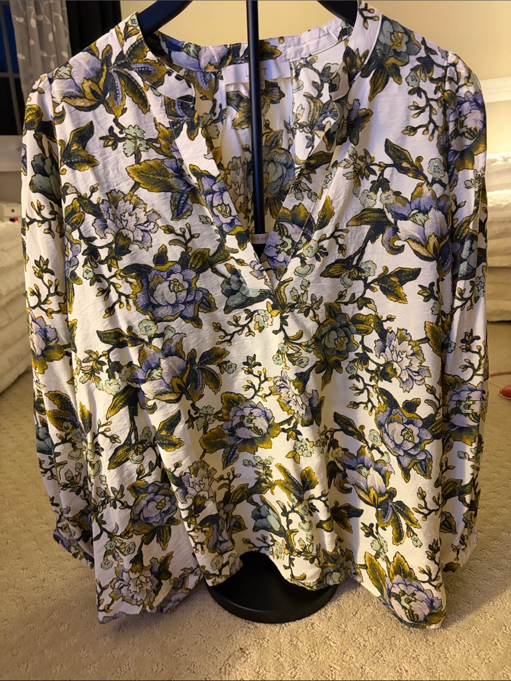 LOFT White Floral V-Neck Blouse with Green & Blue Print
